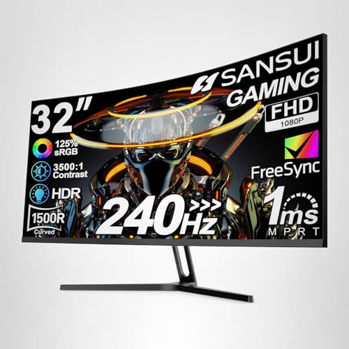 SANSUI 32 Inch Curved 240Hz Gaming Monitor High Refresh Rate, FHD 1080P Gaming PC Monitor HDMI DP1.4, Curved 1500R, 1Ms MPRT, HDR,Metal Stand,VESA Compatible(DP Cable Incl.)