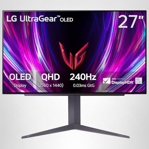 LG 27GS93QE 27-inch Ultragear OLED Gaming Monitor QHD 1440p 240Hz 0.03ms DisplayHDR True Black 400 AMD FreeSync Premium Pro NVIDIA G-Sync HDMI 2.1 DisplayPort Tilt/Height/Pivot Stand Black