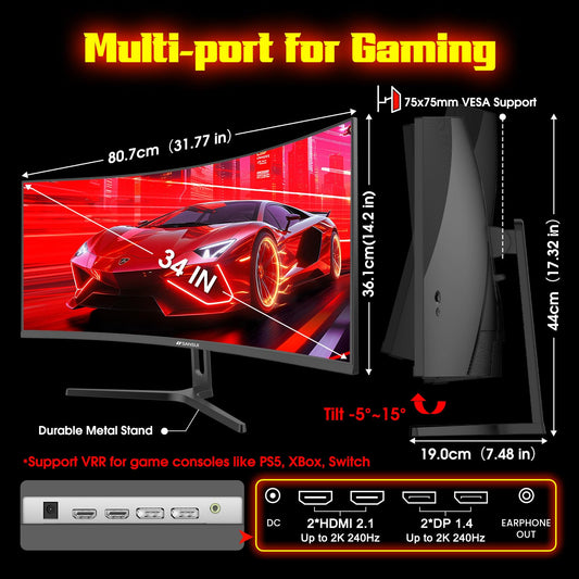 SANSUI 34 Inch 240Hz Ultrawide Curved Gaming Monitor UWQHD 3440×1440, 21:9 2K Curved Monitor 1500R,HDR400,Fast VA, PIP/PBP,AI Crosshair,AIPQ(Visual Enhance),MPRT 1ms,HDMI2.1 * 2,DP1.4 * 2