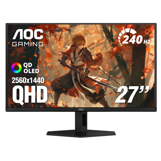 AOC 27" QD OLED Gaming Monitor, QHD 2560x1440, 240Hz, 0.03ms GtG, G-SYNC Compatible, HDR Ready, DisplayPort, HDMI, VESA Mountable, Console Gaming Ready, Q27GAZD